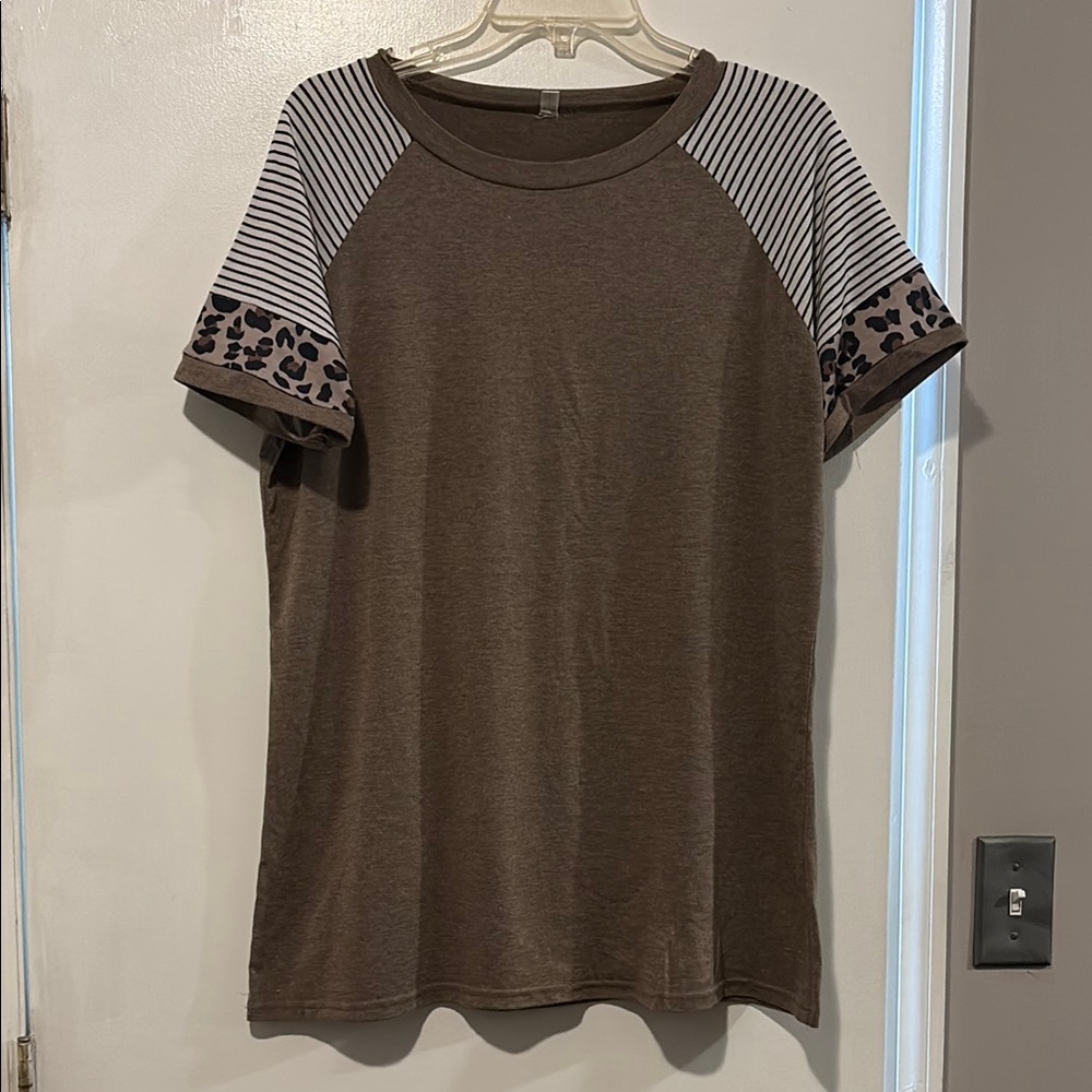 Brown T-Shirt with Striped and Leopard Sleeves